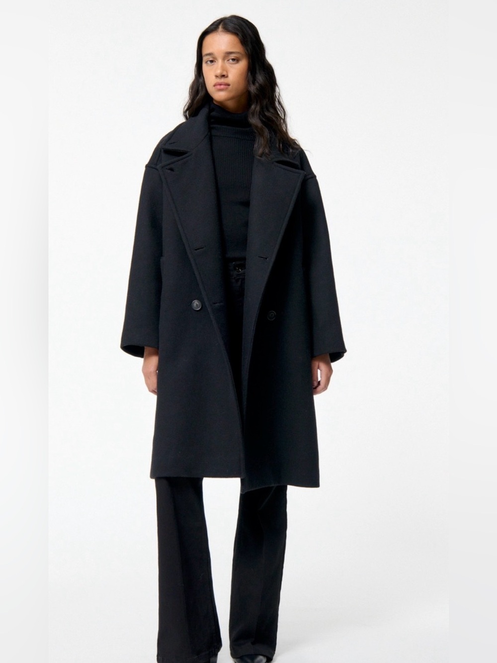 Zara Black Double-Breasted Oversized Pea Coat wool blend